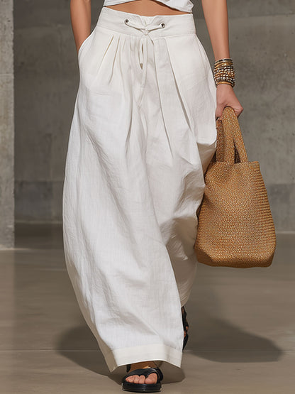 Casual Retro White Cotton Linen Sleeveless Wide-Leg Pants Set
