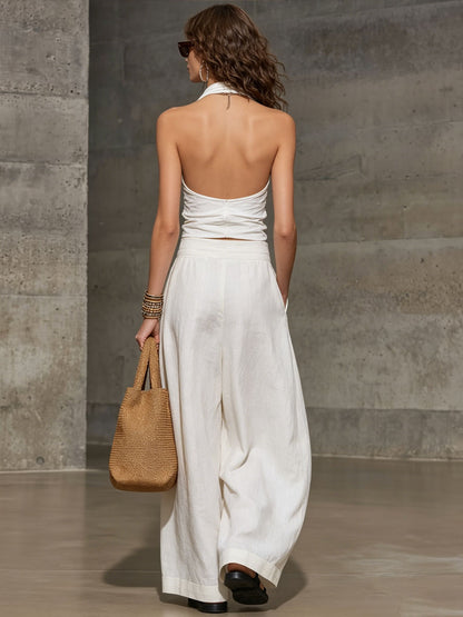 Casual Retro White Cotton Linen Sleeveless Wide-Leg Pants Set