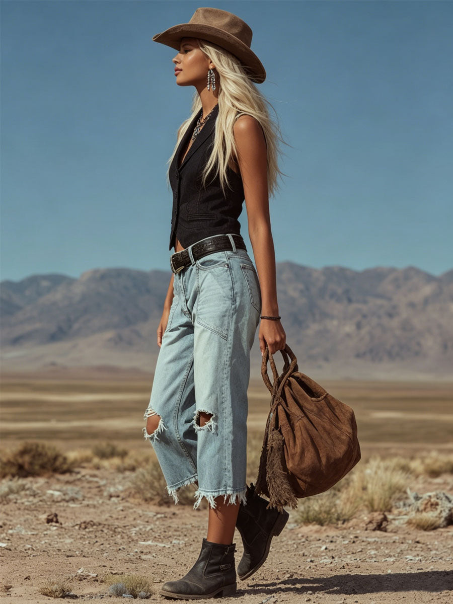 Retro-style Frayed Denim Cropped Pants