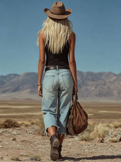 Retro-style Frayed Denim Cropped Pants