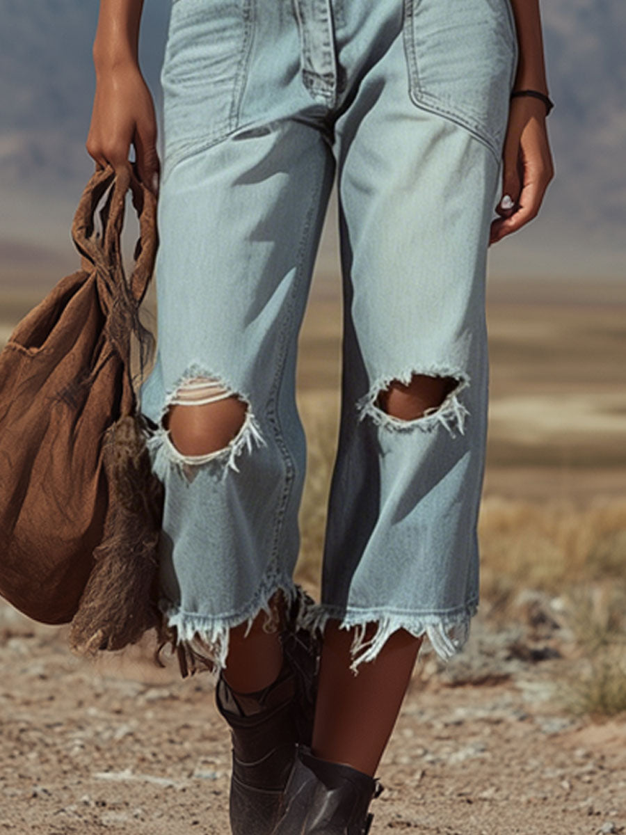 Retro-style Frayed Denim Cropped Pants