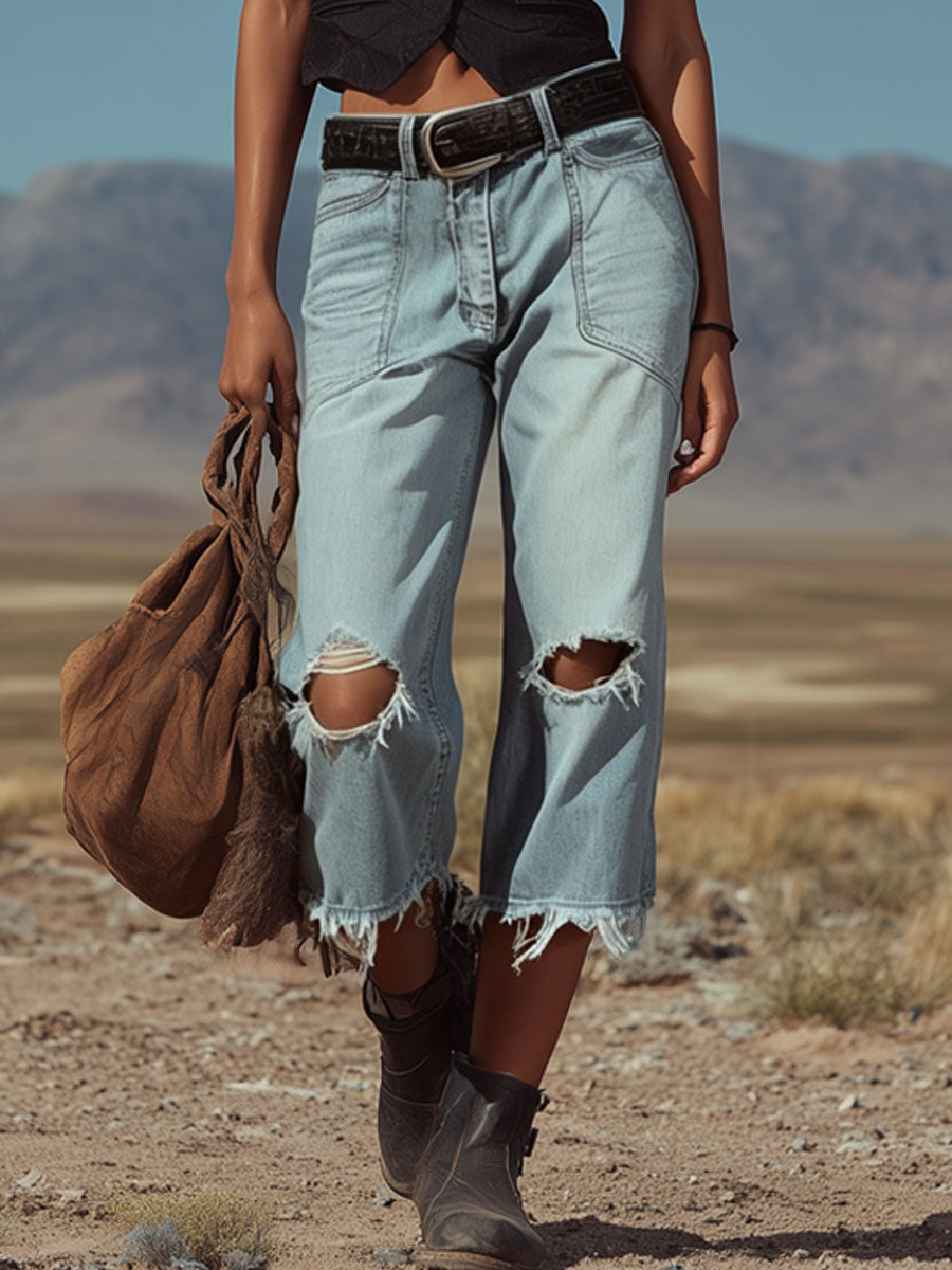 Retro-style Frayed Denim Cropped Pants
