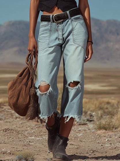 Retro-style Frayed Denim Cropped Pants