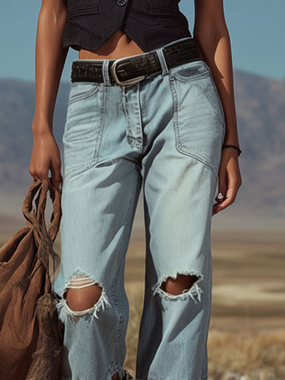 Retro-style Frayed Denim Cropped Pants