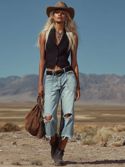 Retro-style Frayed Denim Cropped Pants