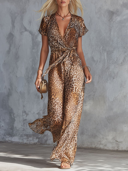 Retro Brown Leopard Print Short-sleeved V-neck Tie-waist Chiffon Jumpsuit