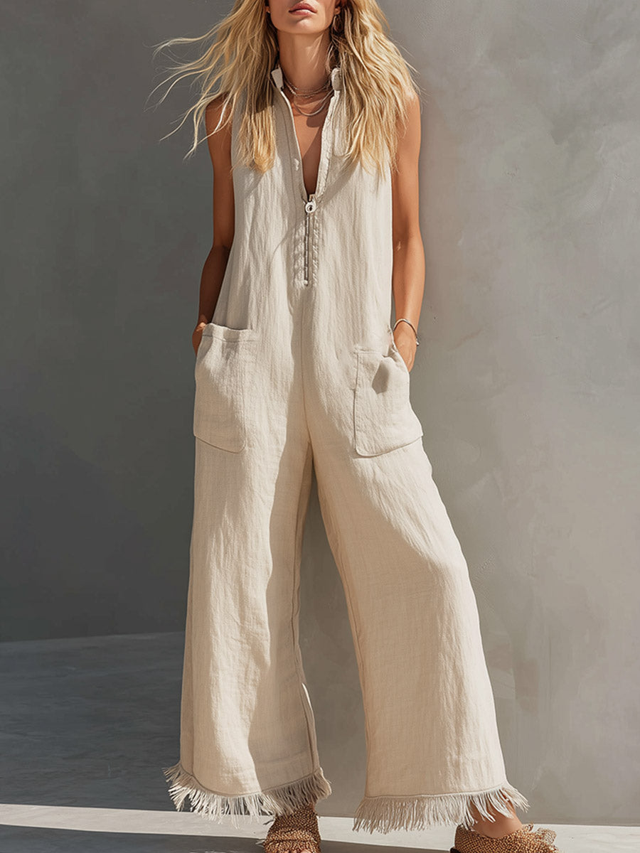 Casual Urban Beige Fringed Cotton-Linen Jumpsuit