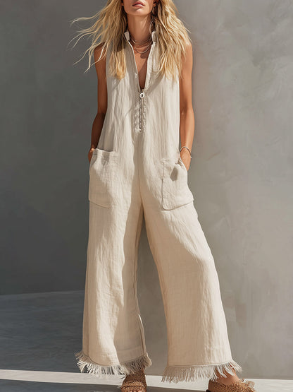Casual Urban Beige Fringed Cotton-Linen Jumpsuit