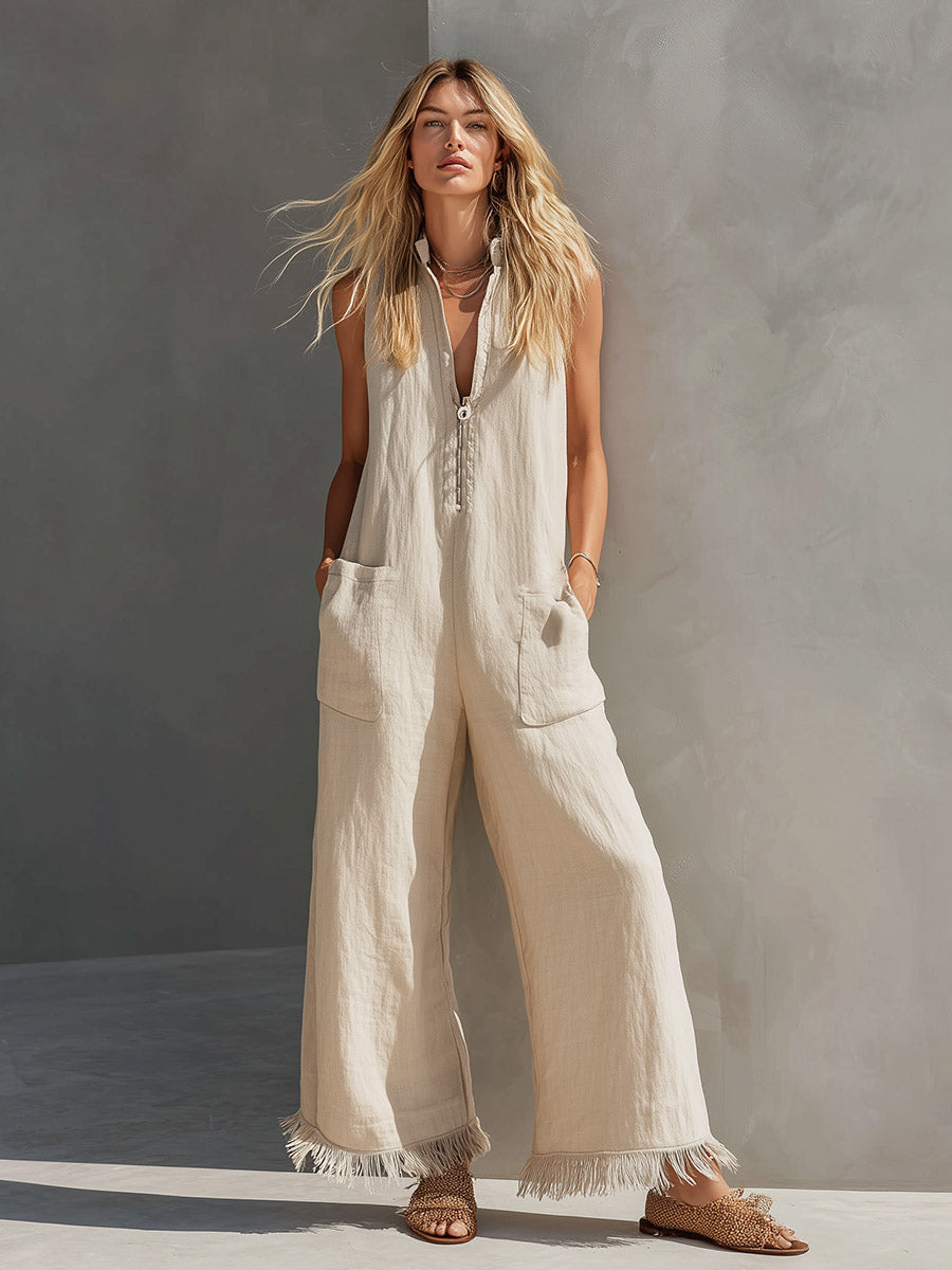 Casual Urban Beige Fringed Cotton-Linen Jumpsuit