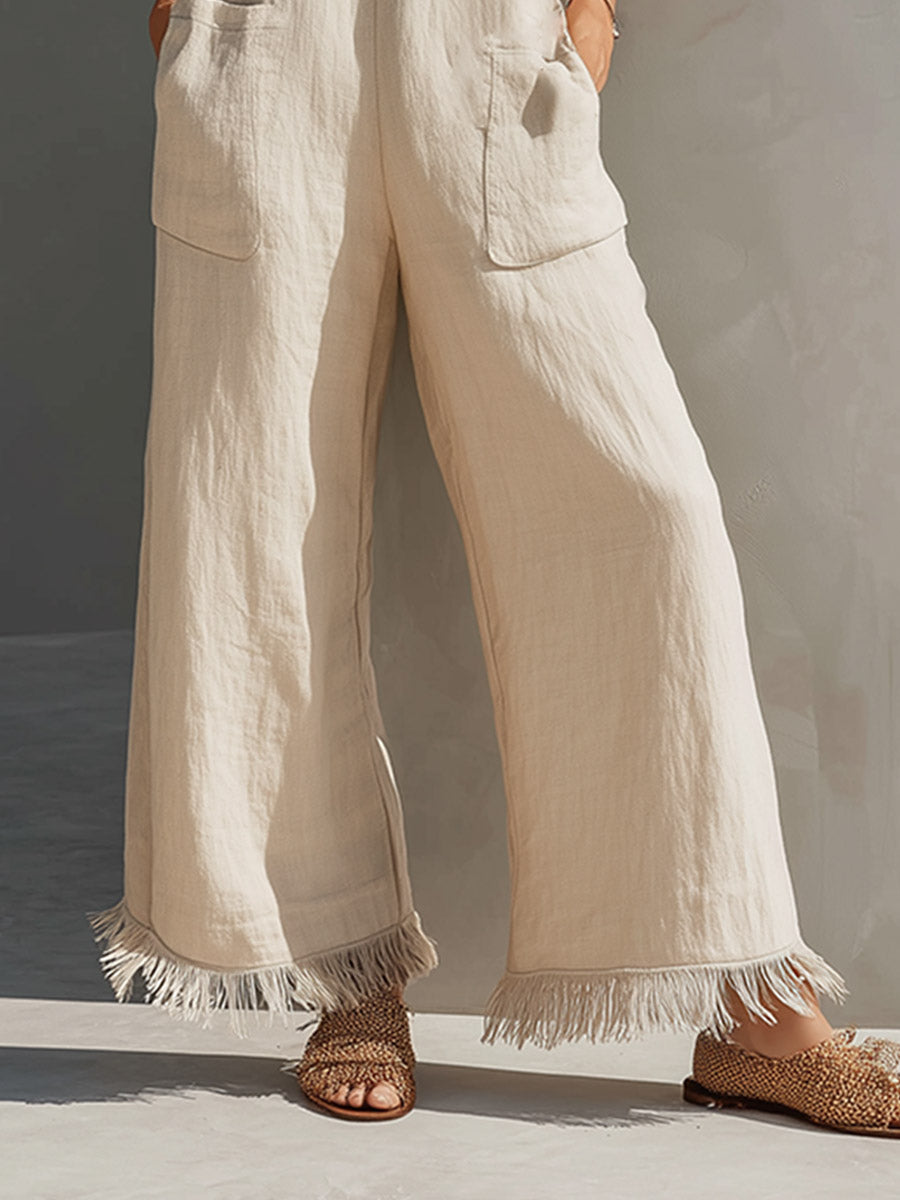 Casual Urban Beige Fringed Cotton-Linen Jumpsuit