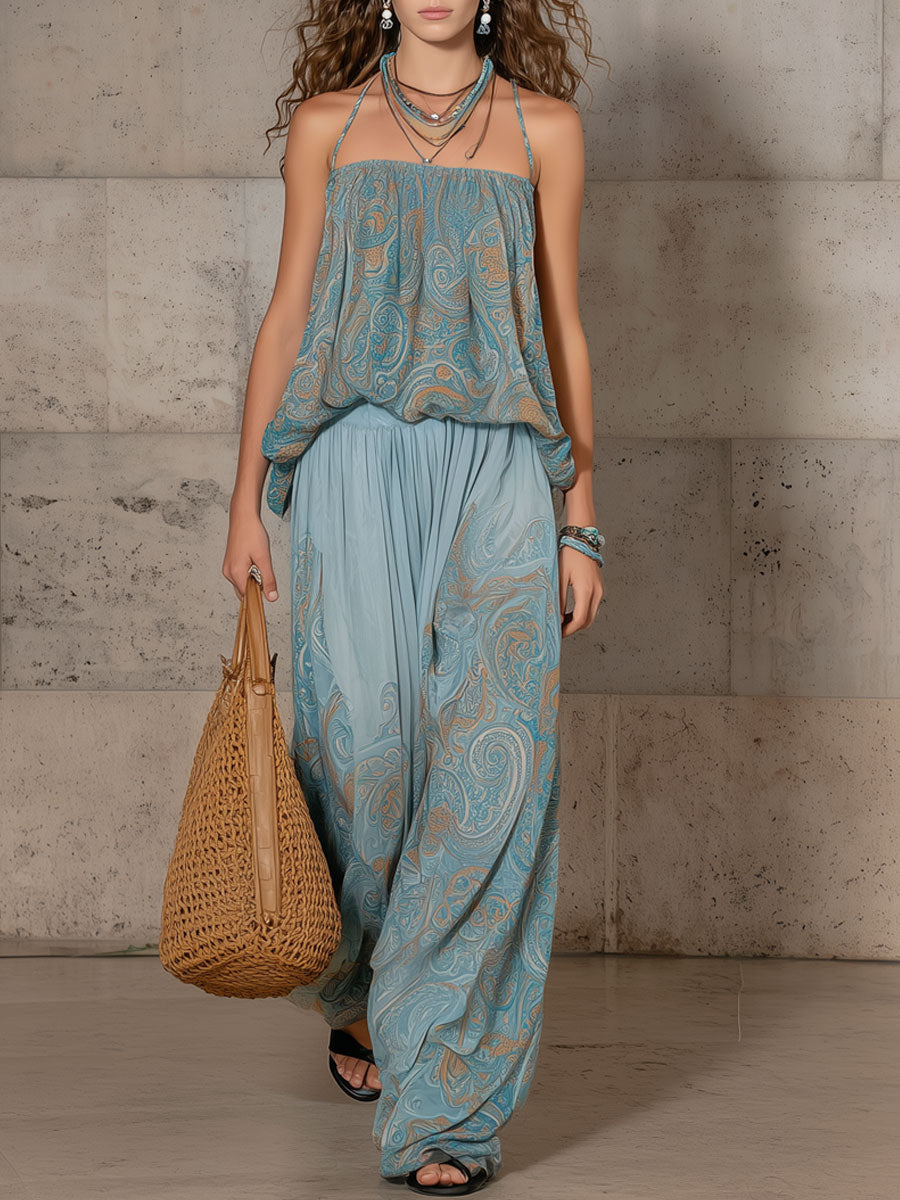Retro Square Neck Lake Blue Paisley Chiffon Suspender Pants Set