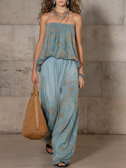 Retro Square Neck Lake Blue Paisley Chiffon Suspender Pants Set