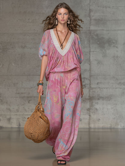 Retro V-neck Lace Pink Paisley Chiffon Short-sleeved Shirt And Pants Set