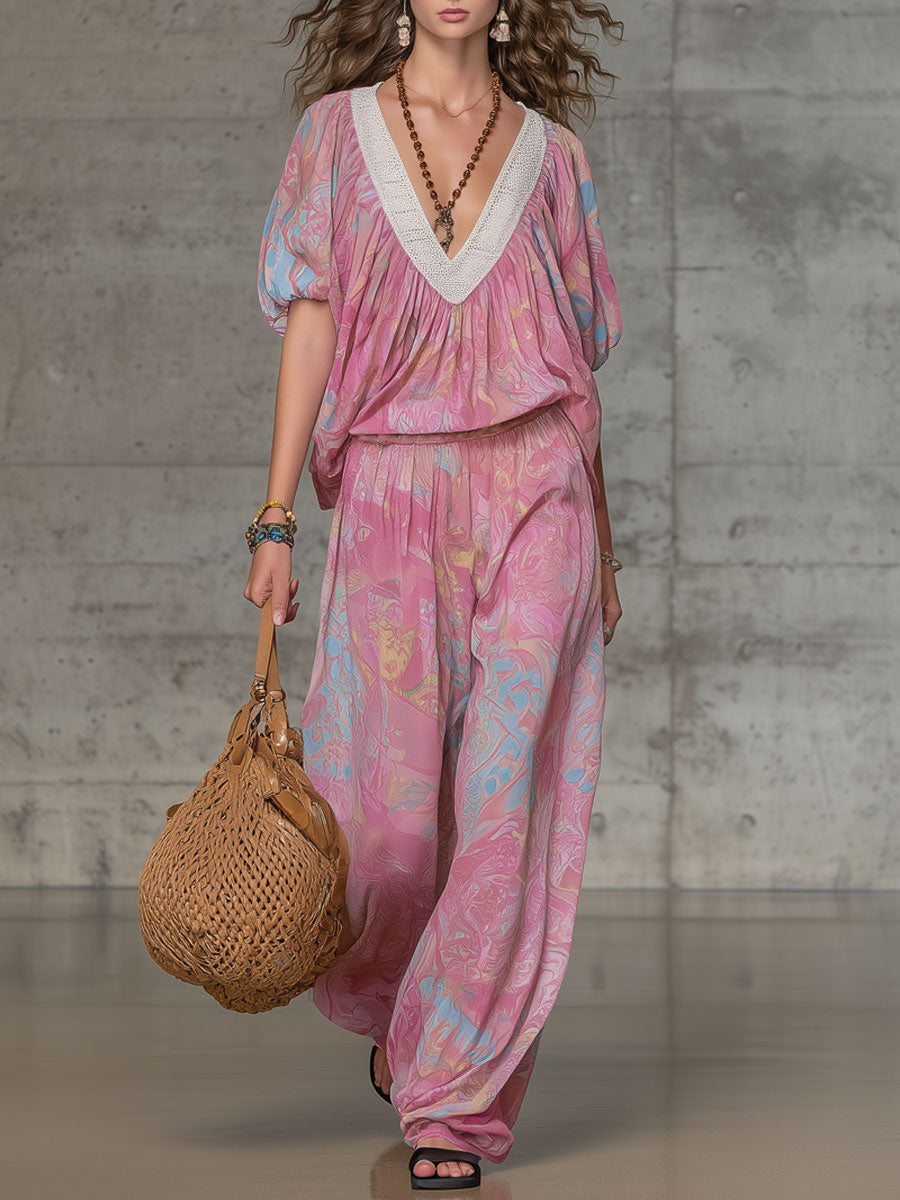 Retro V-neck Lace Pink Paisley Chiffon Short-sleeved Shirt And Pants Set