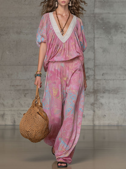 Retro V-neck Lace Pink Paisley Chiffon Short-sleeved Shirt And Pants Set