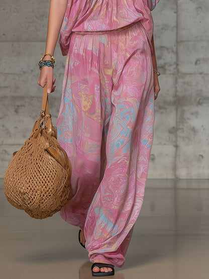 Retro V-neck Lace Pink Paisley Chiffon Short-sleeved Shirt And Pants Set