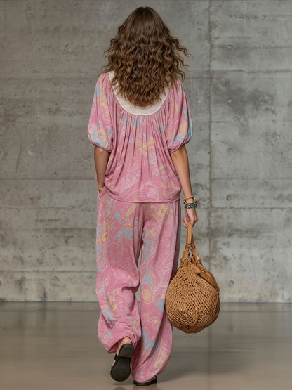 Retro V-neck Lace Pink Paisley Chiffon Short-sleeved Shirt And Pants Set