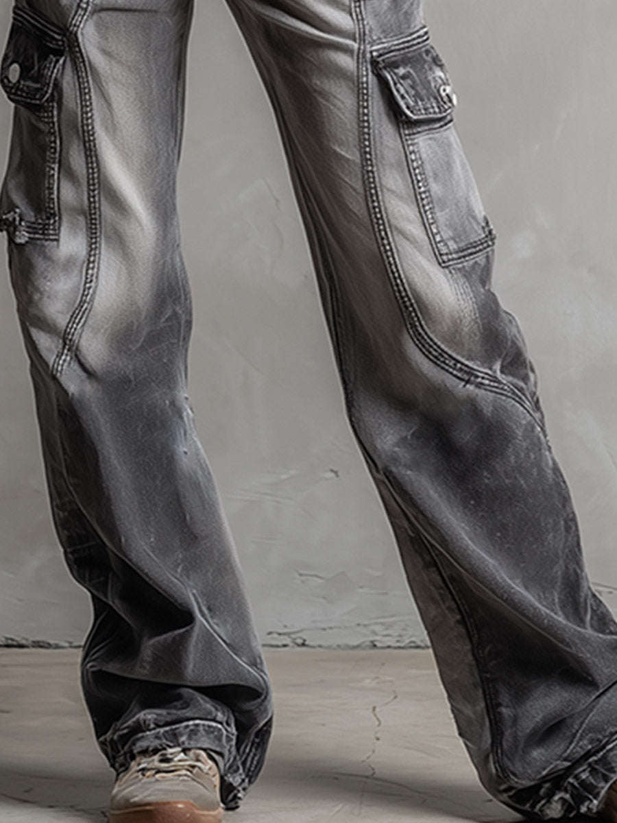 Stylish &amp; Versatile Cargo-Style Multi-Pocket Grey Jeans