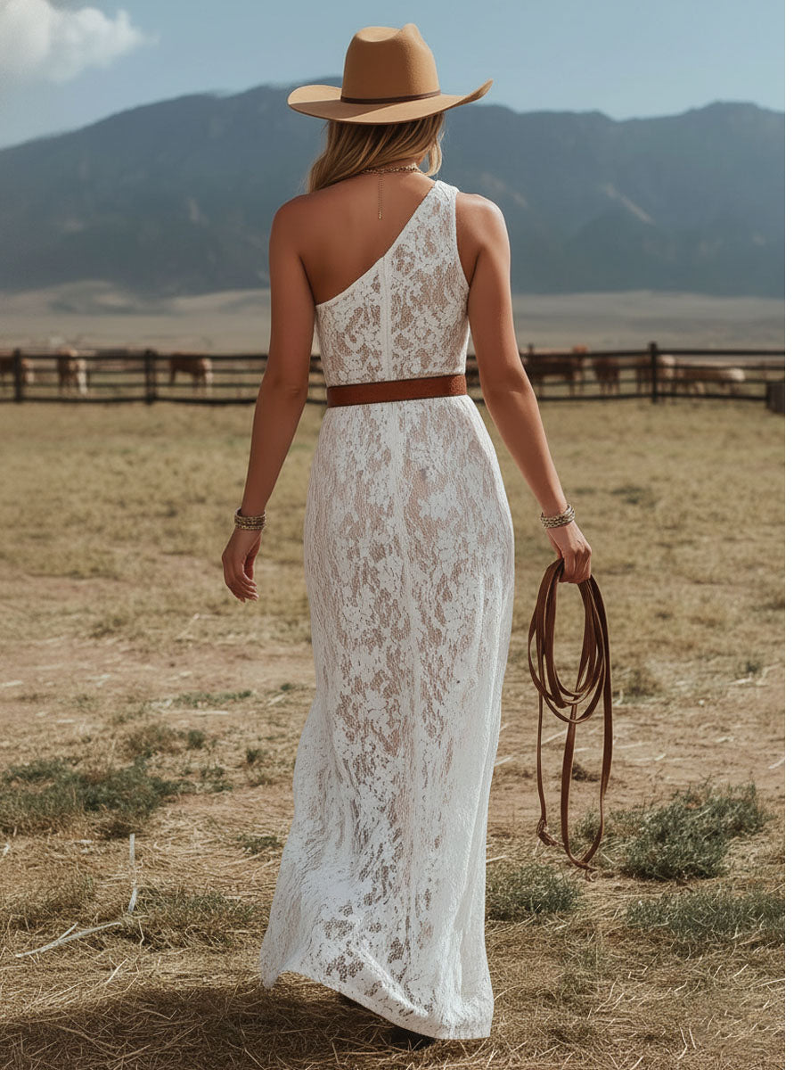 One-shoulder Asymmetrical Neckline Sleeveless Side Slit Floral Lace Maxi Dress