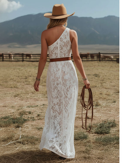 One-shoulder Asymmetrical Neckline Sleeveless Side Slit Floral Lace Maxi Dress