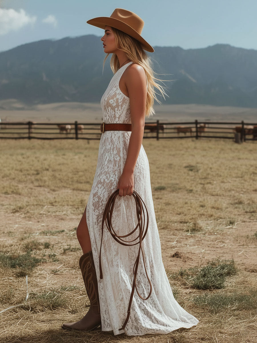 One-shoulder Asymmetrical Neckline Sleeveless Side Slit Floral Lace Maxi Dress