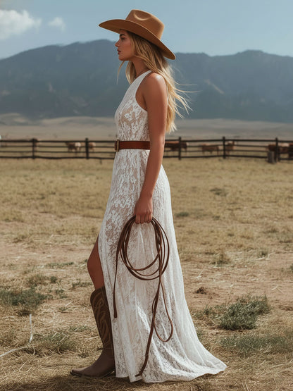 One-shoulder Asymmetrical Neckline Sleeveless Side Slit Floral Lace Maxi Dress