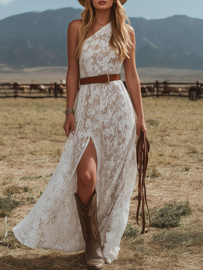 One-shoulder Asymmetrical Neckline Sleeveless Side Slit Floral Lace Maxi Dress