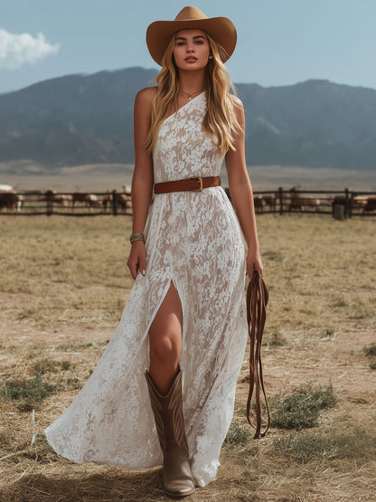 One-shoulder Asymmetrical Neckline Sleeveless Side Slit Floral Lace Maxi Dress
