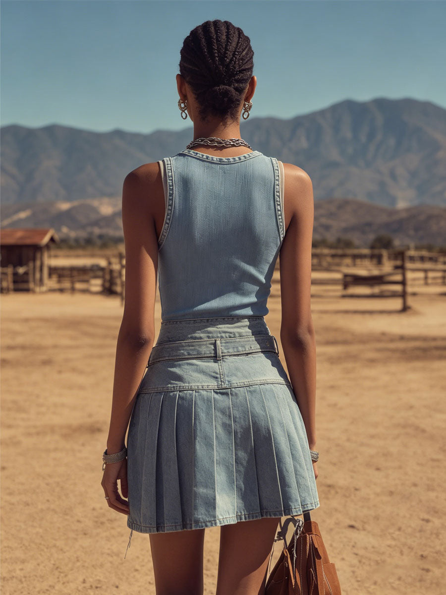 Retro-style Irregular Pleated Denim Midi Skirt