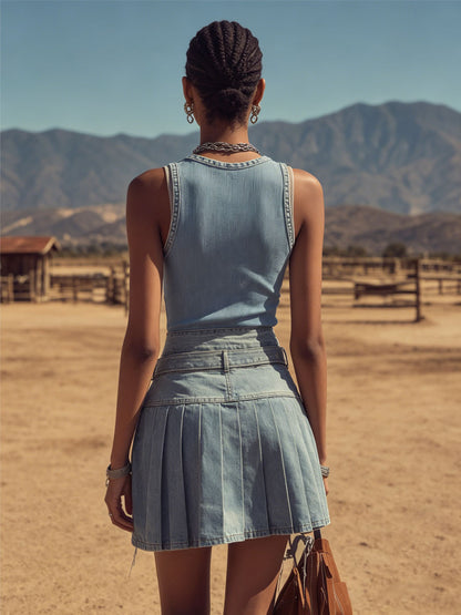 Retro-style Irregular Pleated Denim Midi Skirt