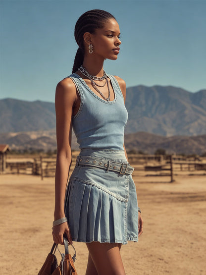 Retro-style Irregular Pleated Denim Midi Skirt