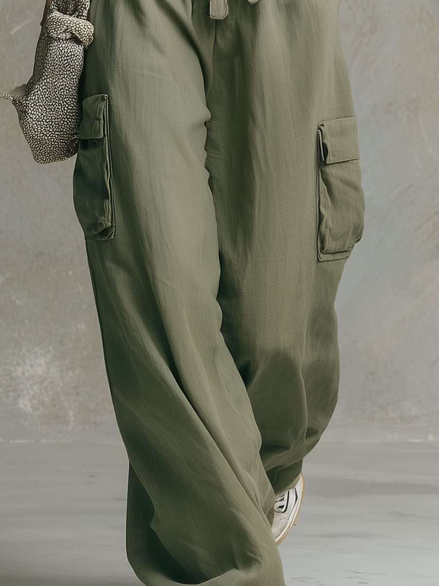 Retro Casual Gray Strapless Cotton-linen Top And Green Cargo Pants Set