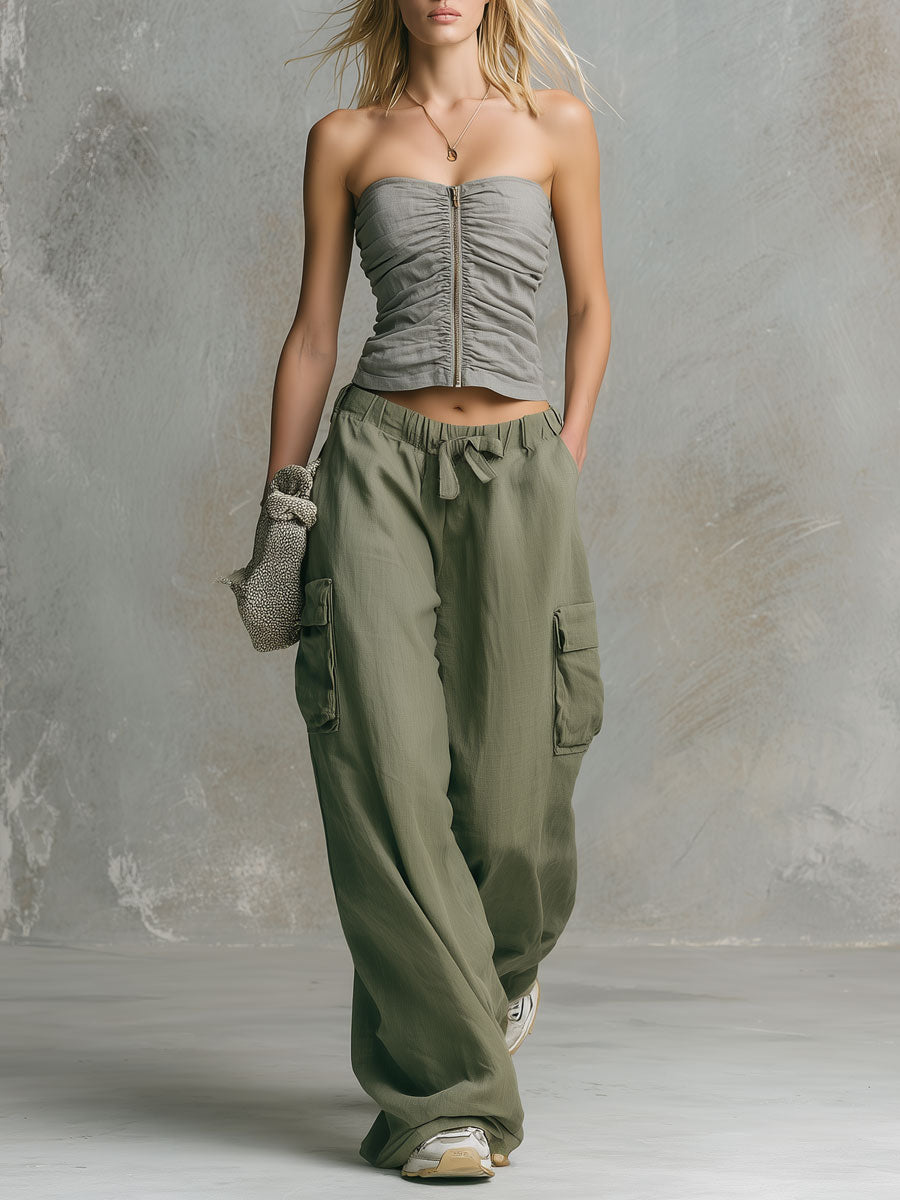 Retro Casual Gray Strapless Cotton-linen Top And Green Cargo Pants Set