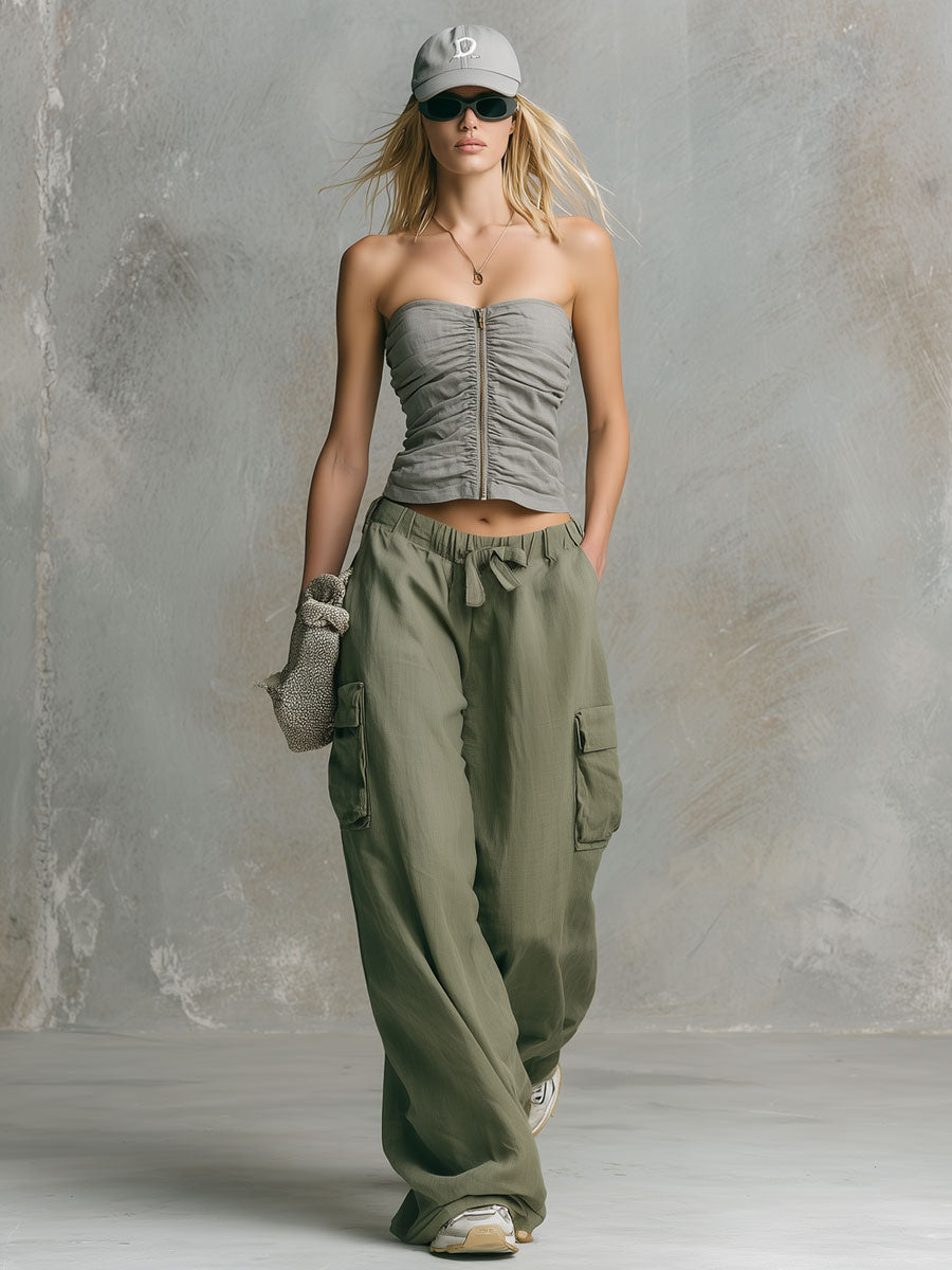 Retro Casual Gray Strapless Cotton-linen Top And Green Cargo Pants Set