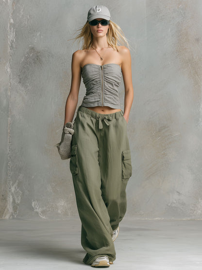Retro Casual Gray Strapless Cotton-linen Top And Green Cargo Pants Set
