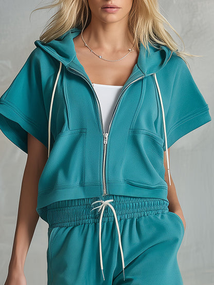 Retro Casual Sporty Green Short-sleeved Hooded Cotton Top And Shorts Set