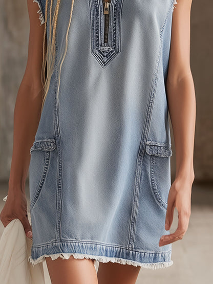 Retro-style Stand-up Collar Zippered Double Pocket Sleeveless Denim Mini Dress