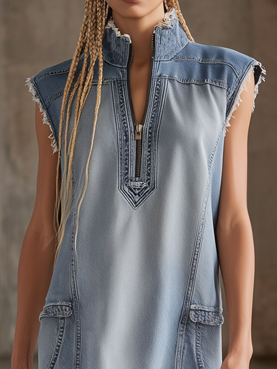 Retro-style Stand-up Collar Zippered Double Pocket Sleeveless Denim Mini Dress