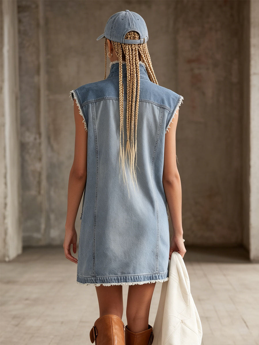 Retro-style Stand-up Collar Zippered Double Pocket Sleeveless Denim Mini Dress