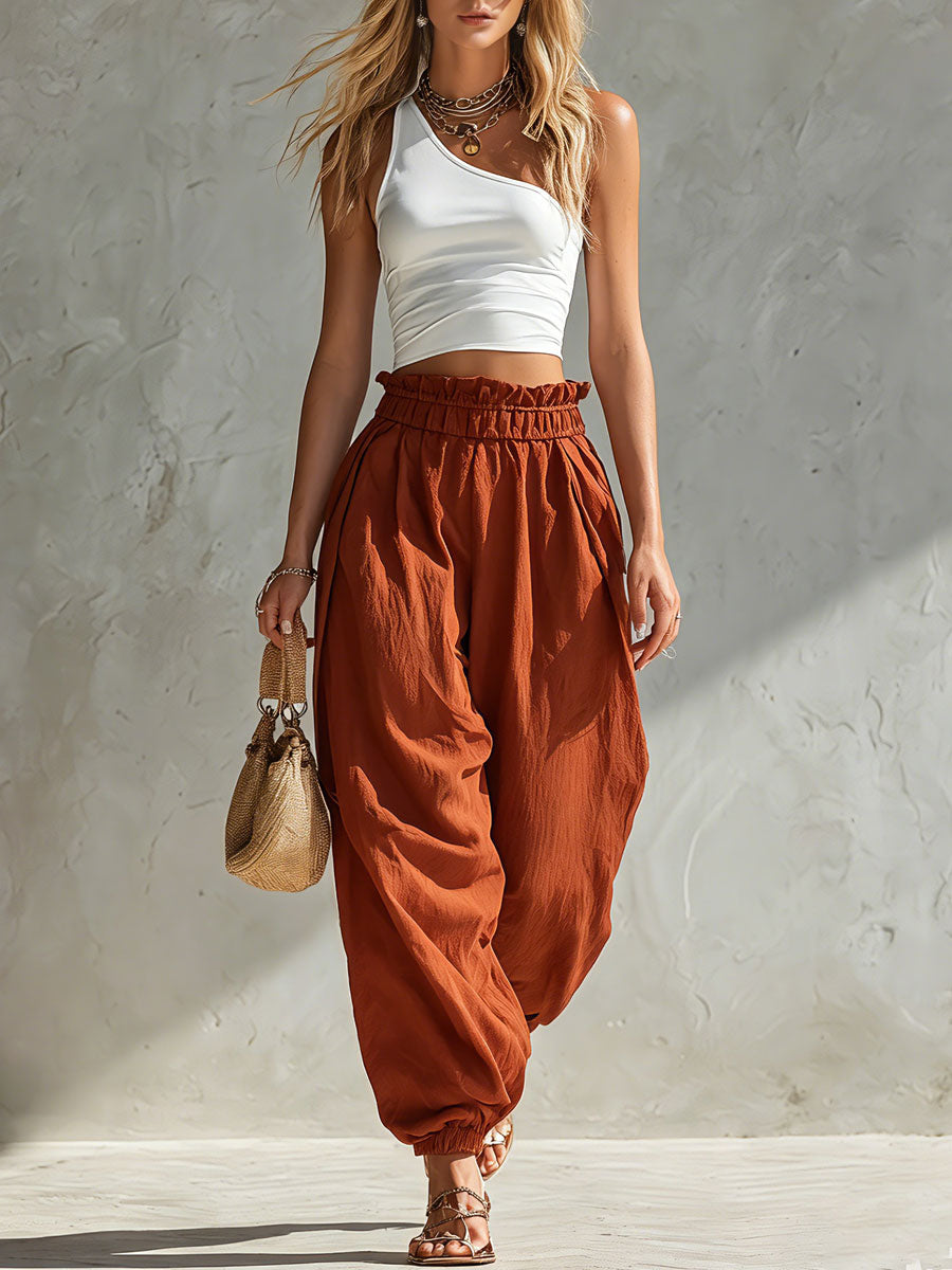 Retro White Off-shoulder Cotton T-shirt And Orange Cotton-linen Lantern Pants Set