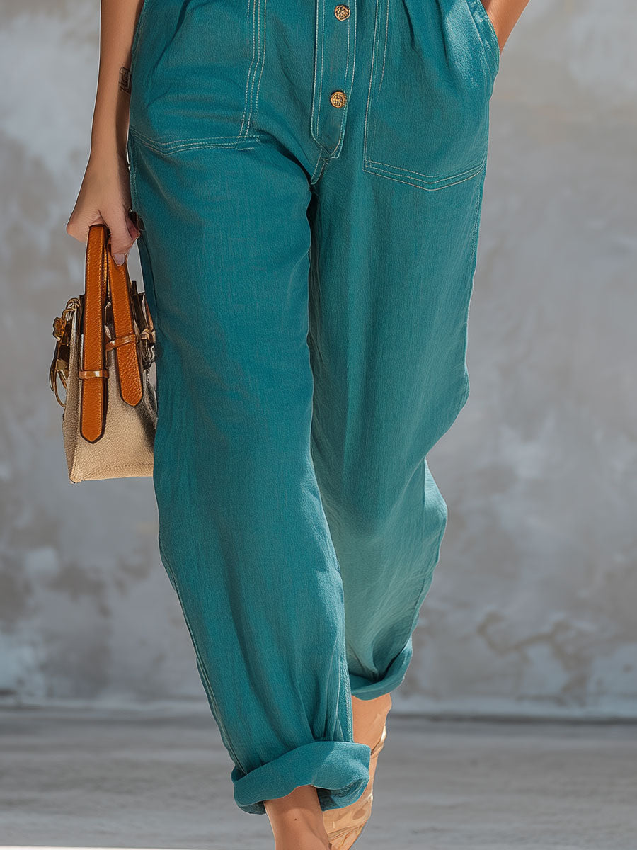 Retro Casual Green Short-sleeved Button-down Collar Cotton-linen Jumpsuit