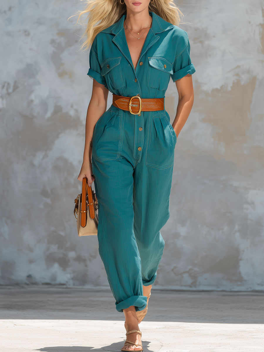 Retro Casual Green Short-sleeved Button-down Collar Cotton-linen Jumpsuit
