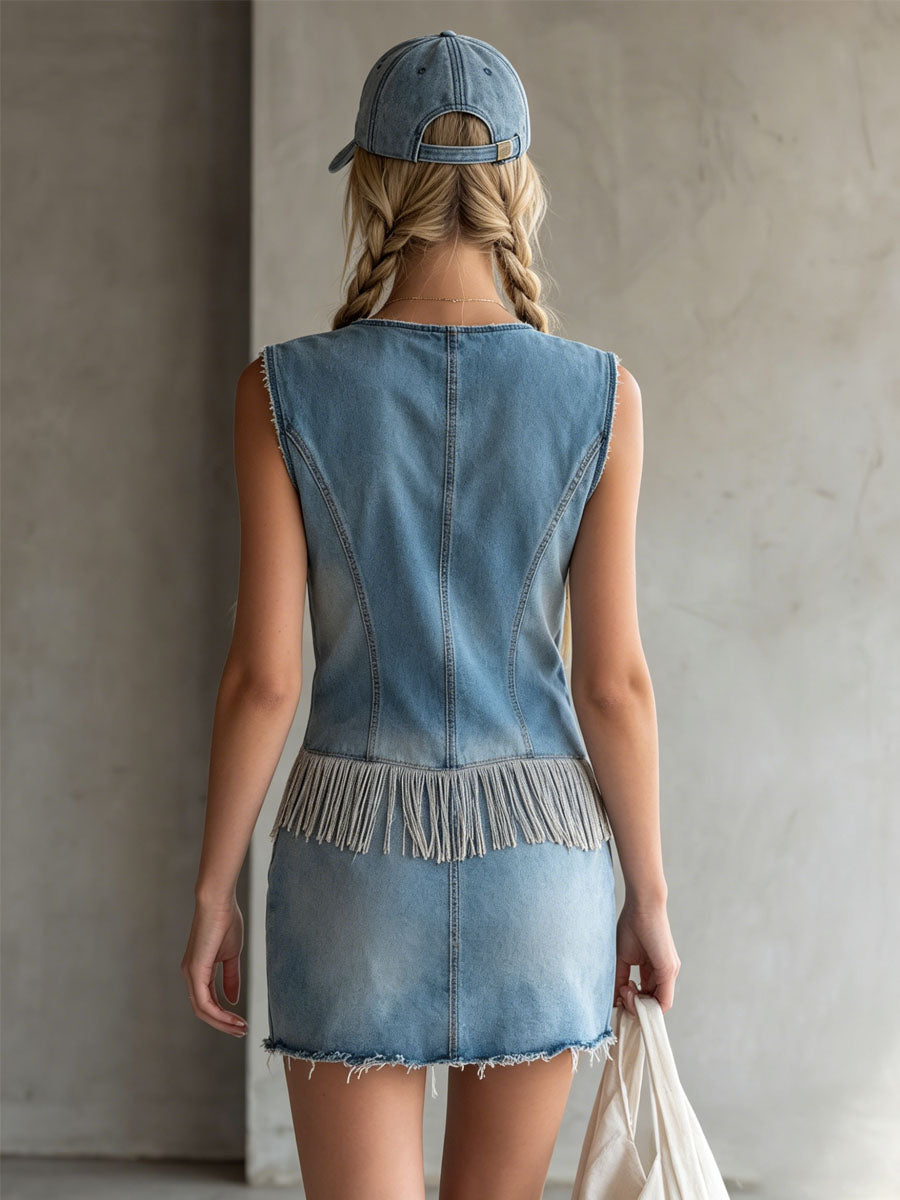 Retro V-neck Double Pocket Tassel Sleeveless Denim Mini Dress