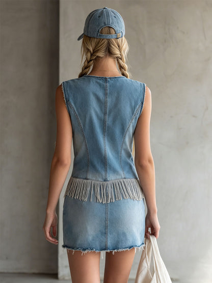 Retro V-neck Double Pocket Tassel Sleeveless Denim Mini Dress