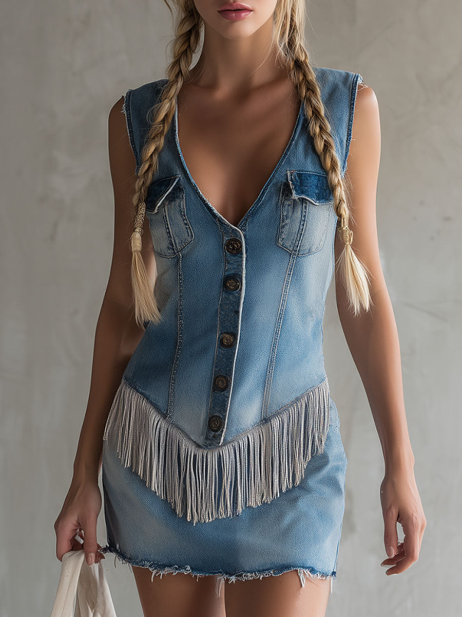 Retro V-neck Double Pocket Tassel Sleeveless Denim Mini Dress