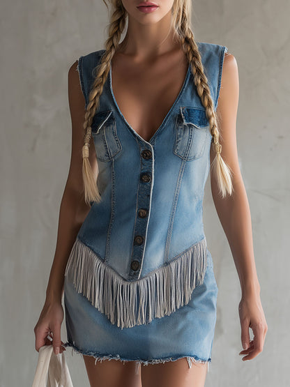 Retro V-neck Double Pocket Tassel Sleeveless Denim Mini Dress