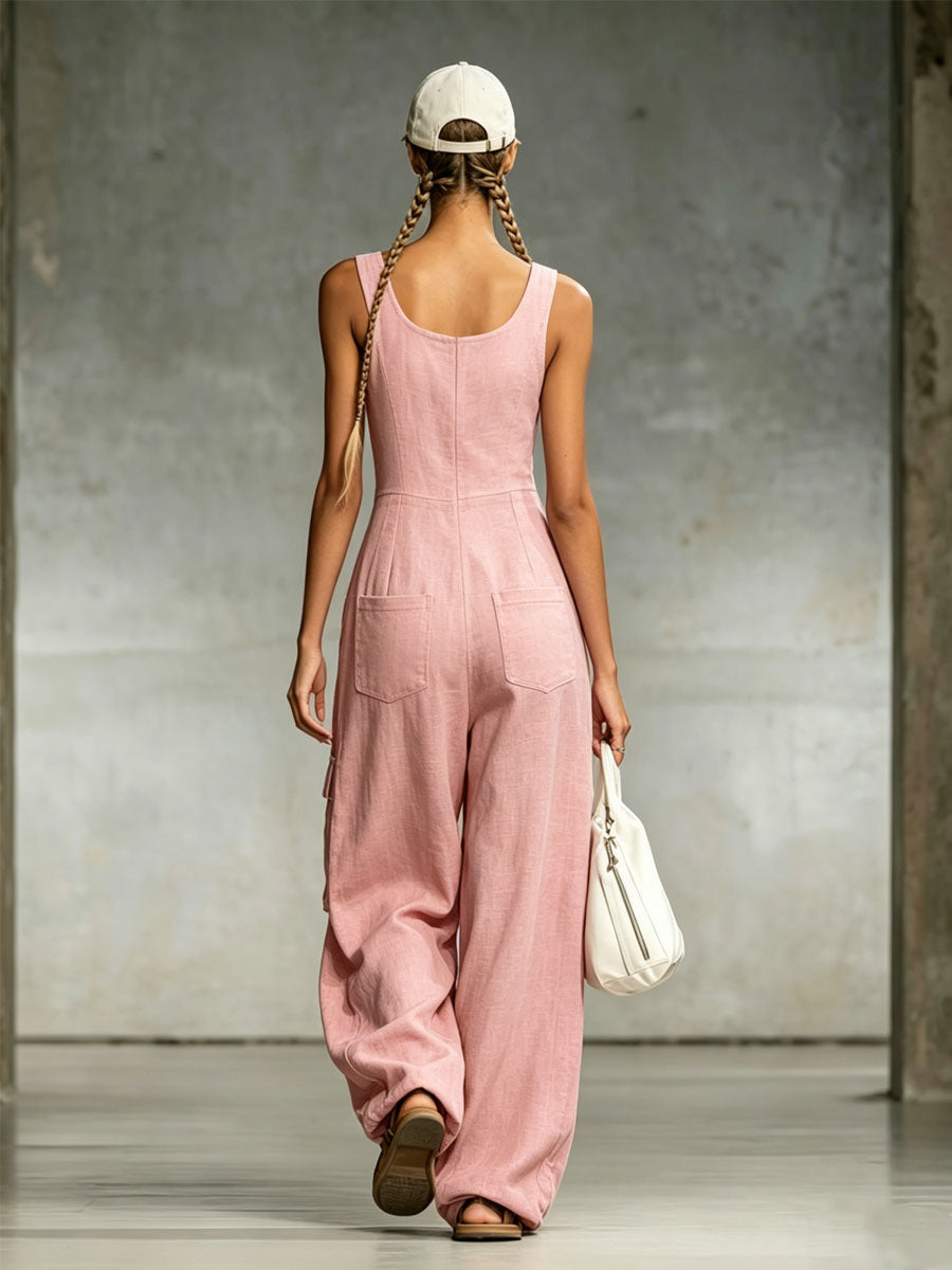 Pink Cotton-linen Multi-pocket Zippered Sleeveless Jumpsuit