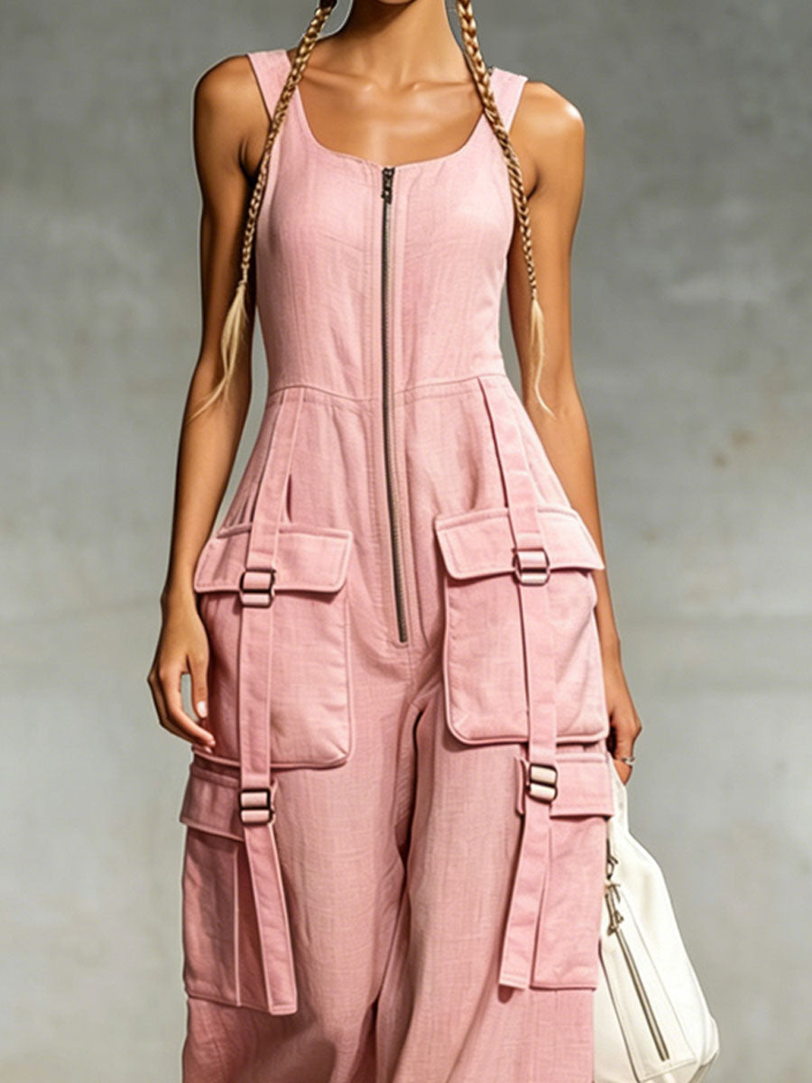 Pink Cotton-linen Multi-pocket Zippered Sleeveless Jumpsuit
