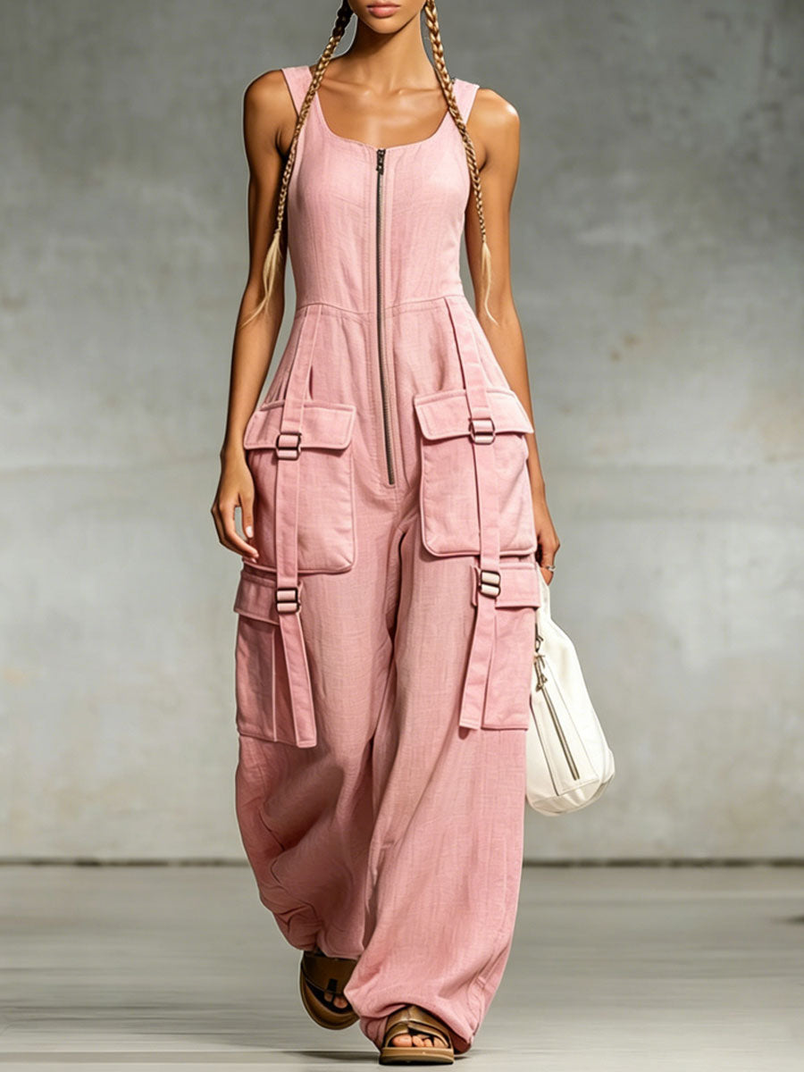 Pink Cotton-linen Multi-pocket Zippered Sleeveless Jumpsuit