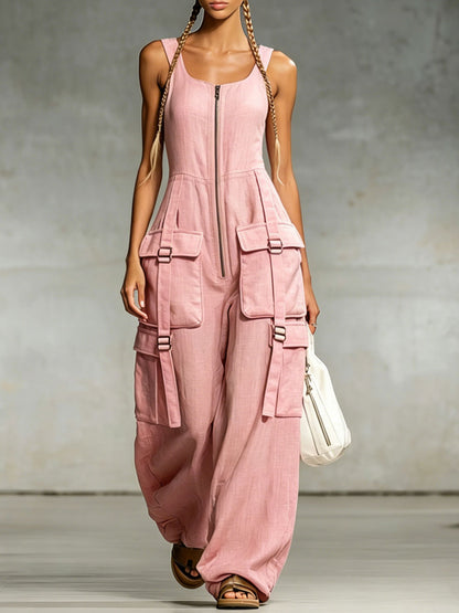 Pink Cotton-linen Multi-pocket Zippered Sleeveless Jumpsuit